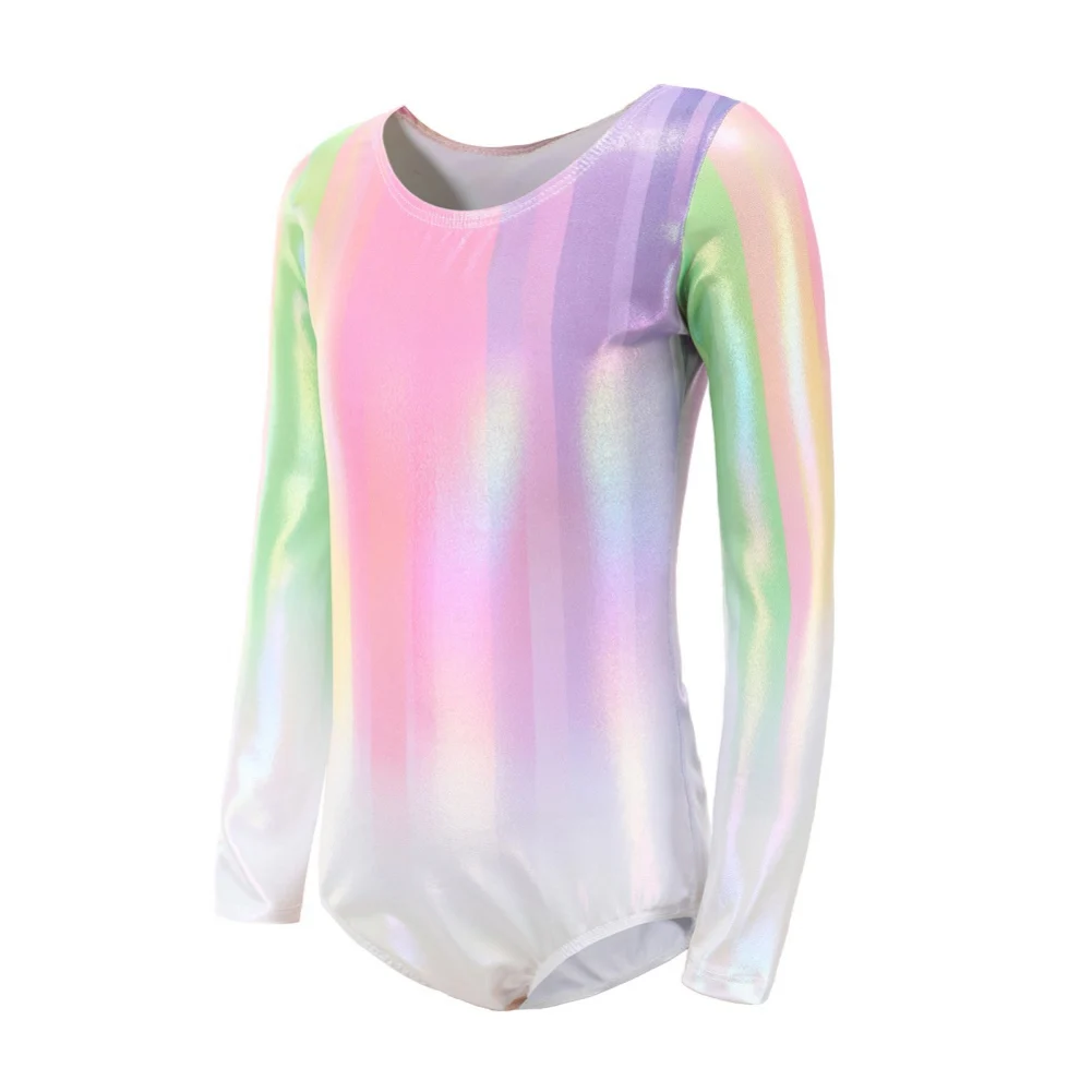 Girls Dance Ballet Leotard Rainbow Gradient Color Gymnastic Suit With Body Shorts Hair Band Long Sleeve Workout Outfits Bodysuit