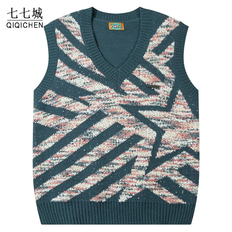 

Harajuku Sleeveless V-neck Sweater Men Full Printed Color Knitted Vest Pullover Women Korean Style Loose Jumpers Autumn Tops New