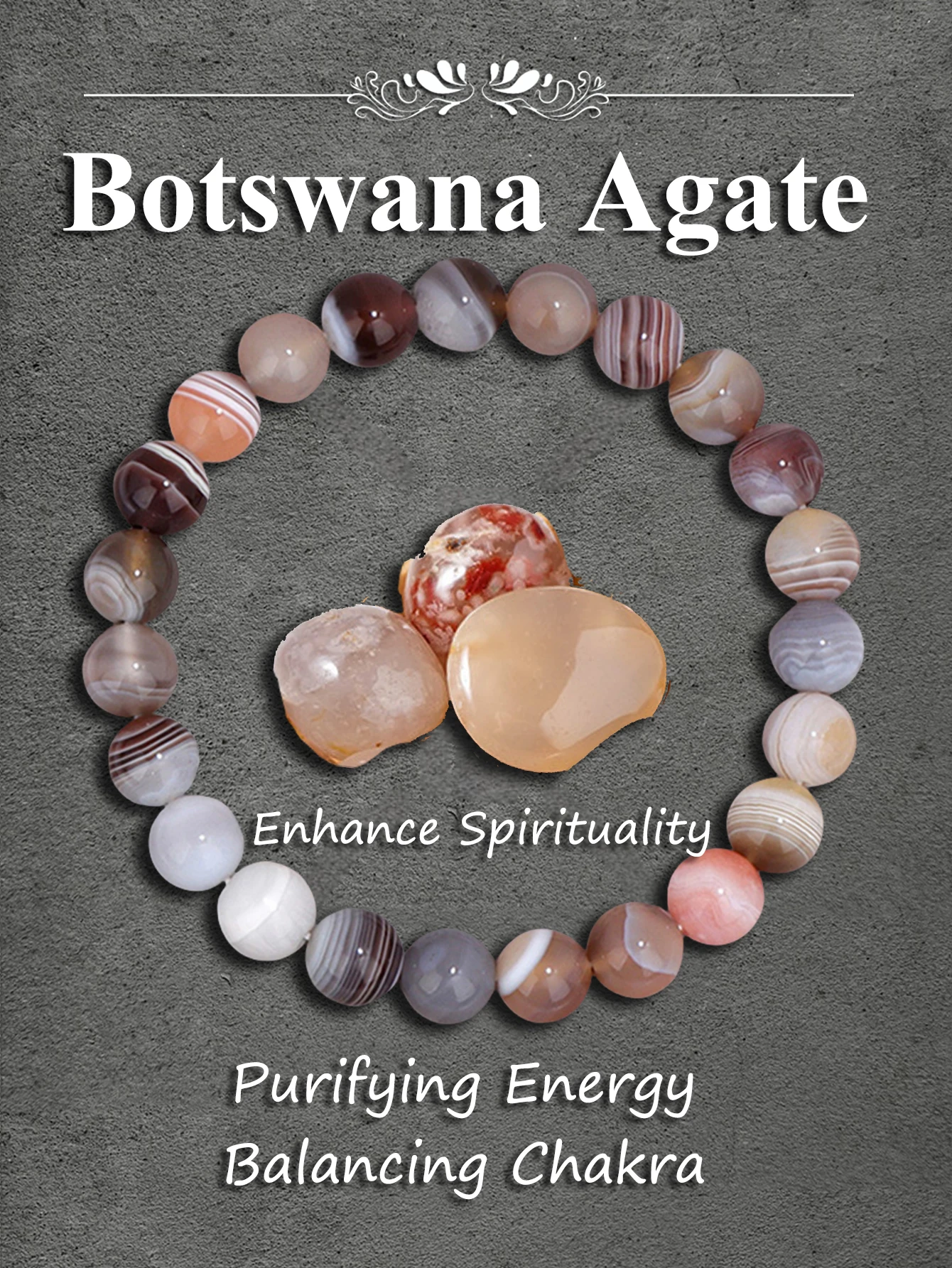 Natural Botswana Agate Healing Stone Beaded Bracelet for Calm Balance Stress Relief Positive Energy & Emotional Wellness Jewelry