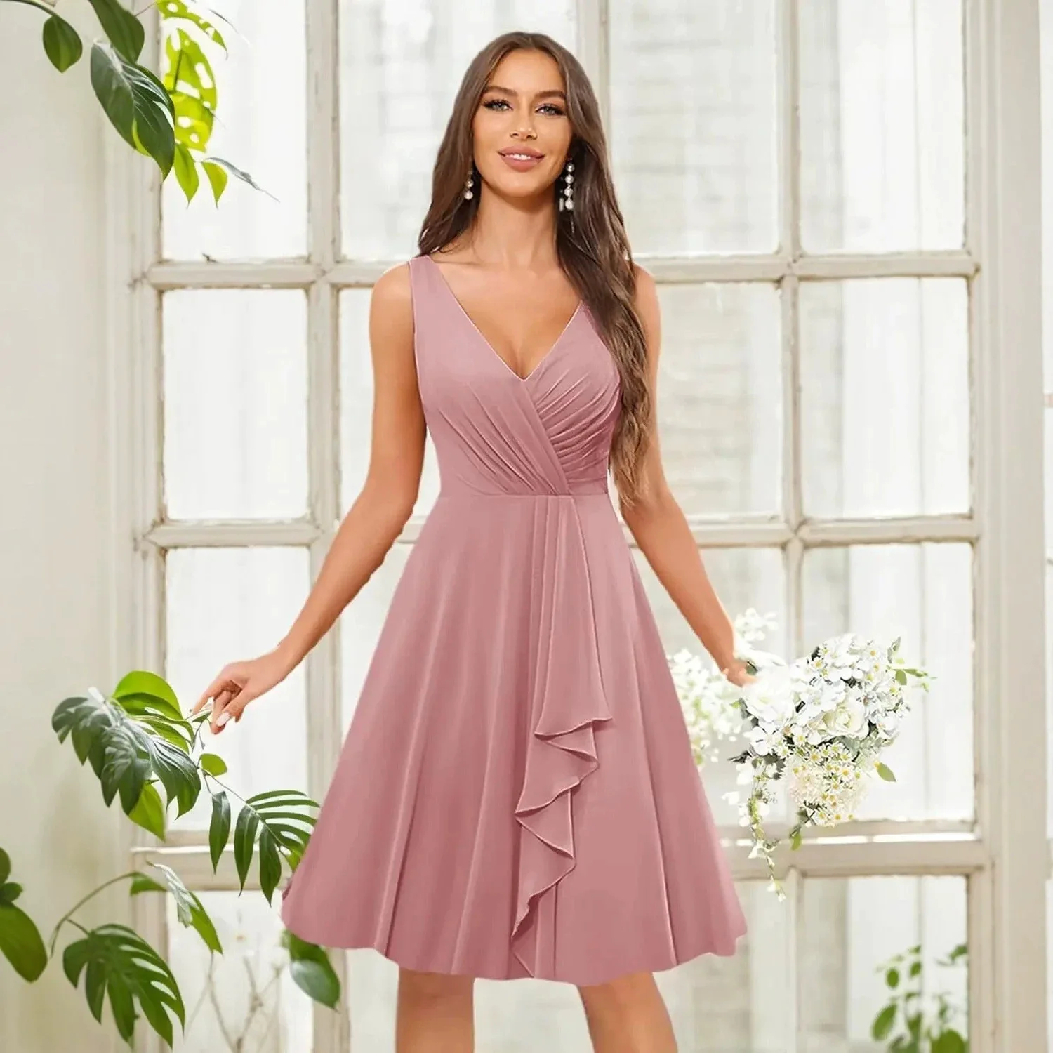 V Neck Sleeveless Ruched Chiffon Bridesmaid Dress Knee Length Ruffle A Line Short Formal Wedding Party Dresses Vestido view 3