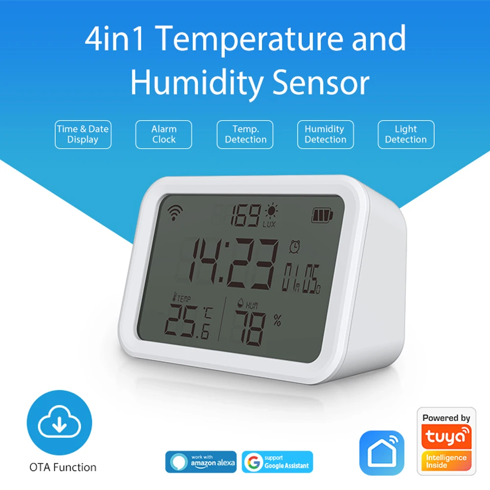 Tuya WiFi Temperature Humidity Light Detection Alarm Clock 4 In 1 Intelligent Sensors Home Household Desk Bedroom Living Room