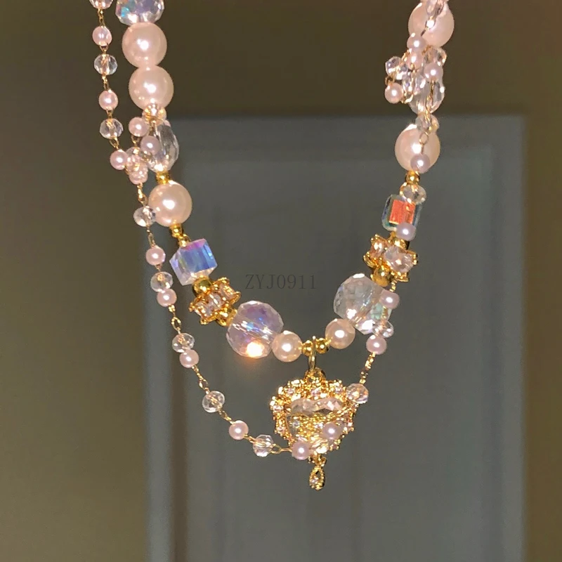 Light luxury double-layer pearl crystal love necklace, summer high-end exquisite collarbone chain for women