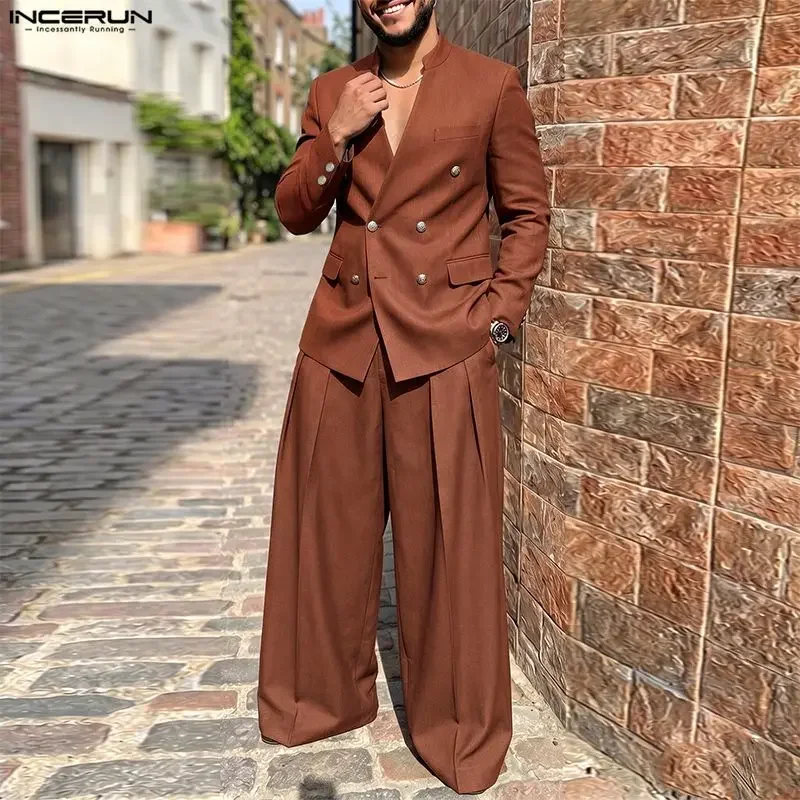 INCERUN Men's Sets Solid Color V Neck Long Sleeve Blazer Pants Two Piece Sets Elegant Streetwear 2026 Fashion Men Matching Sets view 3