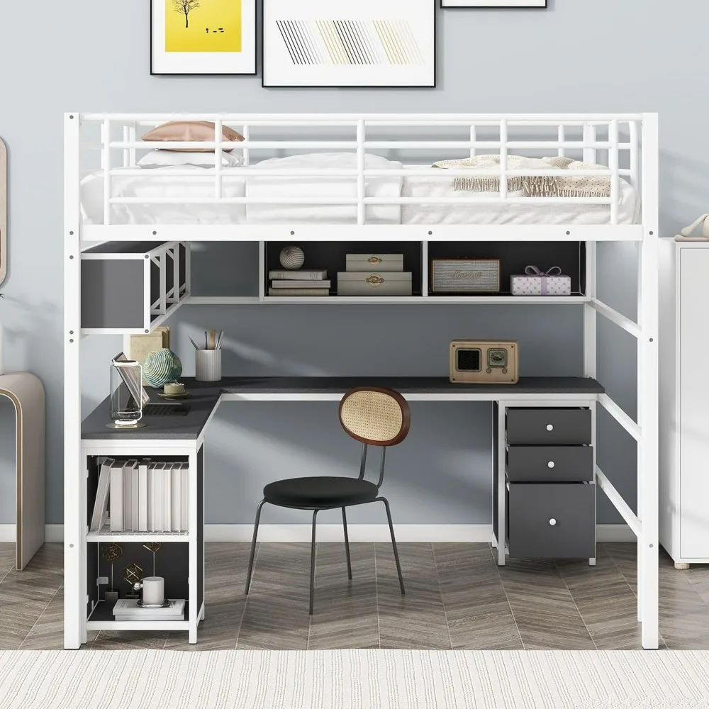 Dormitory Bed with Shelves and Ladder , Bedframe with L-shaped Desk, Bookcase and Storage Cabinet , for Kids Teens Adults