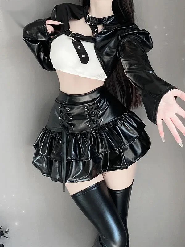 

Sexy Anime Patent Leather Long Sleeved Top Clothes Pleated Leather Bilayer Short Skirt Two Piece Outfits For Women Summer 8KG0