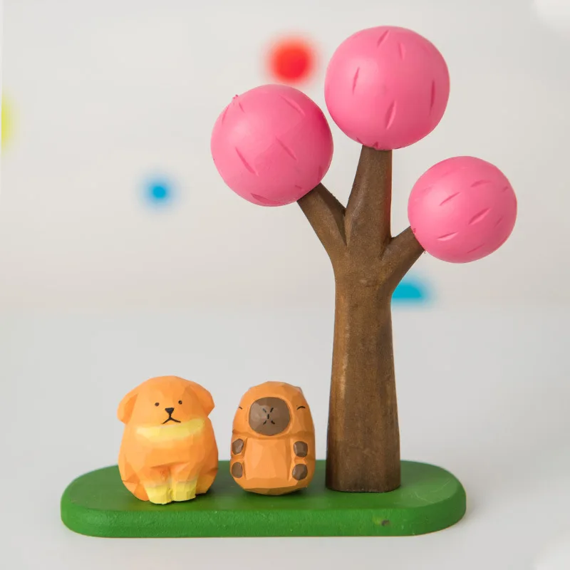 Wooden Crafts - Handmade Small Ornaments-Big Tree, Calf, Lamb & Rabbit, Cute Wood Carvings, Perfect for Wooden Home Decor
