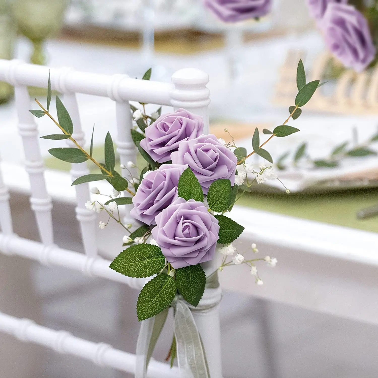 Mefier 25/50Pcs Pale Purple Rose Artificial Flowers Real Looking Lilac Fake Roses with Stems for Decorations Wedding Foam Rose