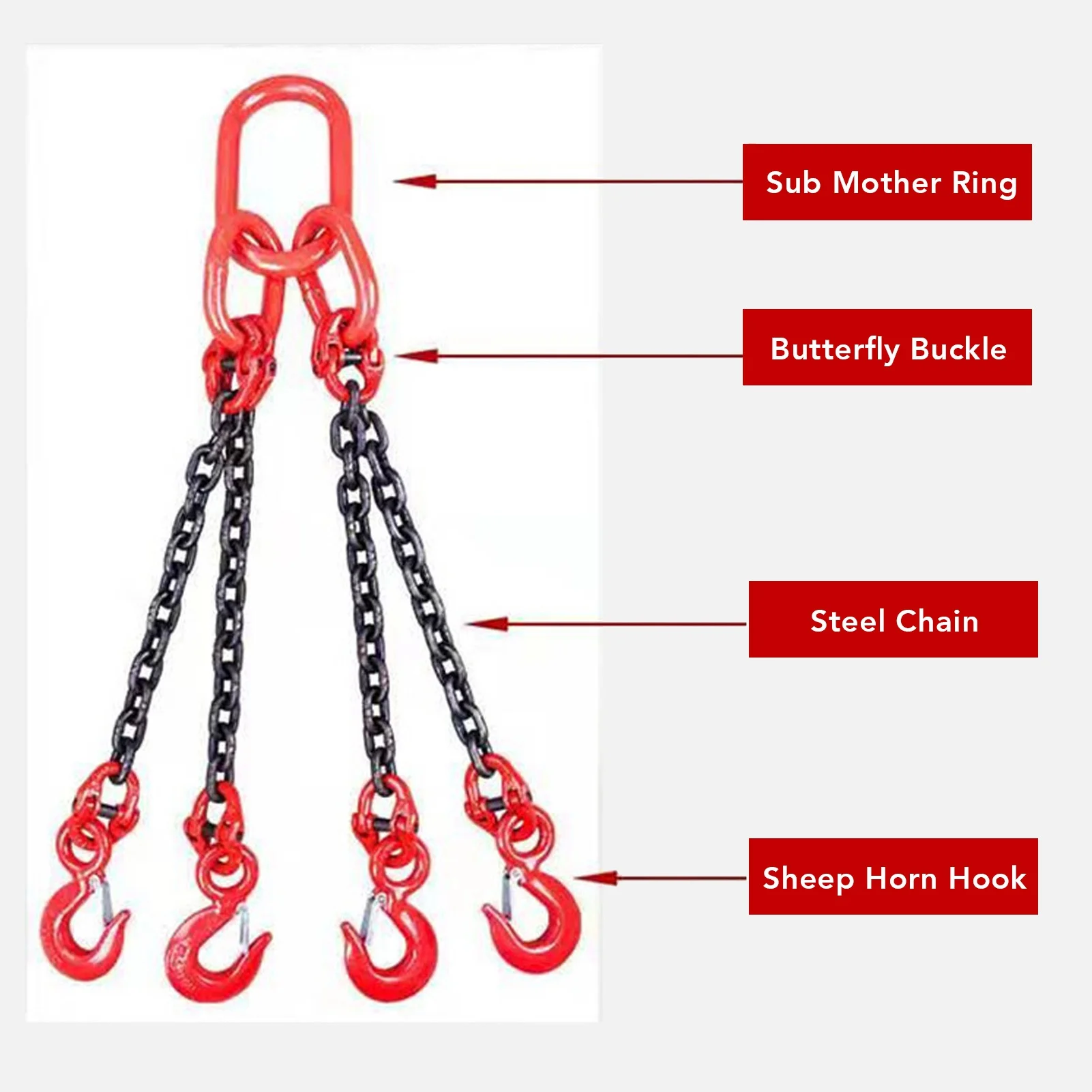 The lifting chain sling can lift a heavy crane weighing 6 tons and 1.5 meters, equipped with 4 leg level hooks and regulator ste