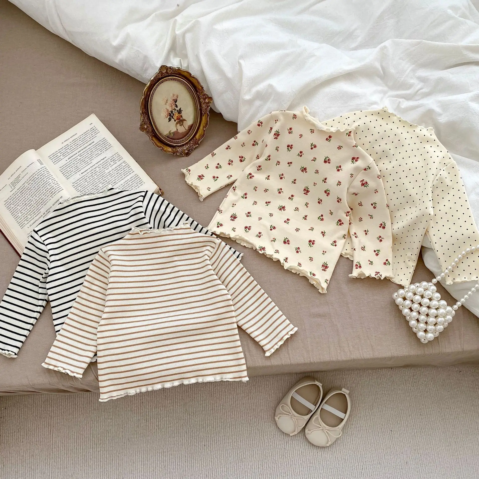 2025 Autumn New Girls Floral Bottoming Shirts Infant Clothes Baby Girl Long Sleeve Striped Tops Toddler Mock Neck T Shirts