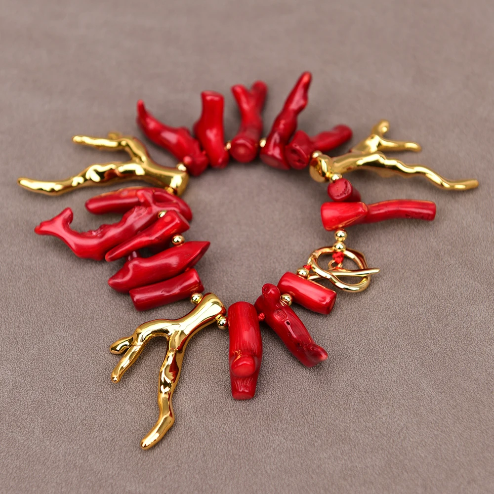 

G-G 8'' Handmade AA+ Big Natural Red Coral Top Drilled Branch Nugget Freeform Fancy Beads Bracelet Golden Resin Branch