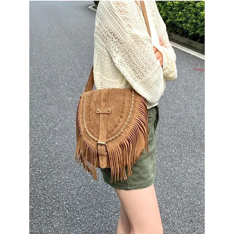 Designer Suede Saddle Bags for Women Vintage Tassel Shoulder Bags Luxury Female Crossbody Bags Korea Fashion Travel Bags