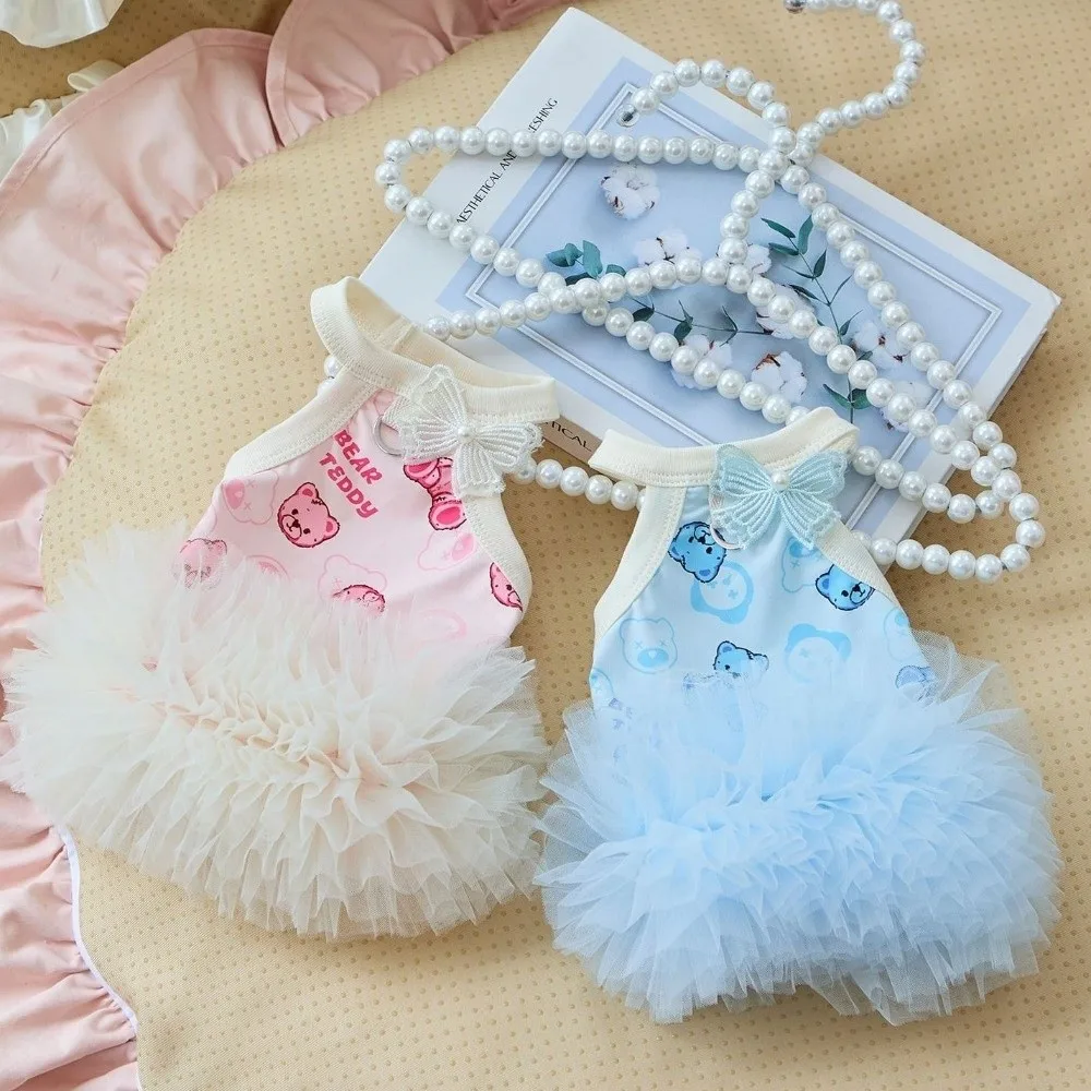 New Cartoon Bear Cat Tutu Dress Thin Fabric Pink Blue Kitty Sunscreen Vest Teddy Bichon Breathable Dog Halter Dress Pet Supplies