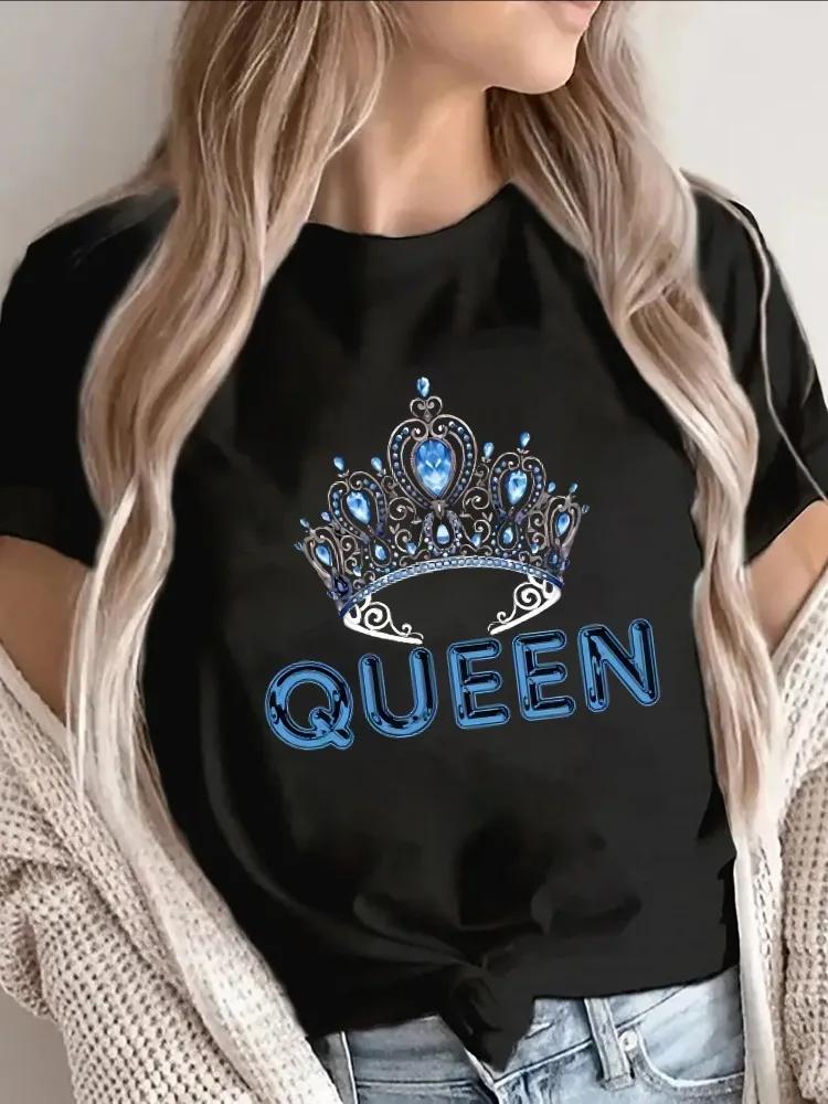 

Женская футболка с принтом короны, топ с круглым вырезом и короткими рукавами с бирюзовым дизайном короны, повседневная и праздничная одежда