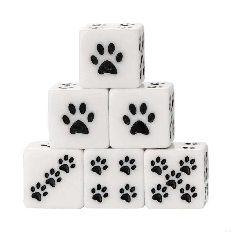 652D Square Corner Six Sided Dices Bulk, Pack of 6 Cartoon Pattern 16mm Dices Cubes with Mini Paw Dot for Adult and Kid Use