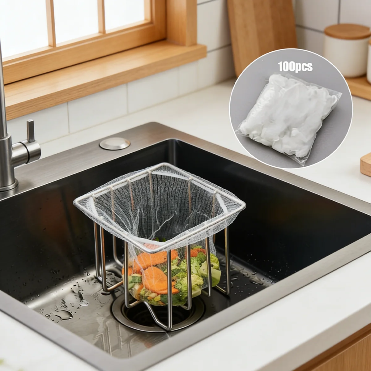 Kitchen Sink Strainer with Rack & 100 Filter Bags, Food Waste Collector for Leftovers