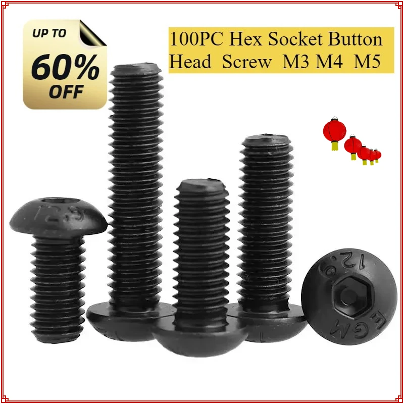 100pc DIN7380 Screw Round M4 16mm Allen Bolt Hex Socket Cap Head 12.9 M3 M5 Hexagon Bolt Pan Mushroom Head 8-30mm 10mm 20mm 25mm