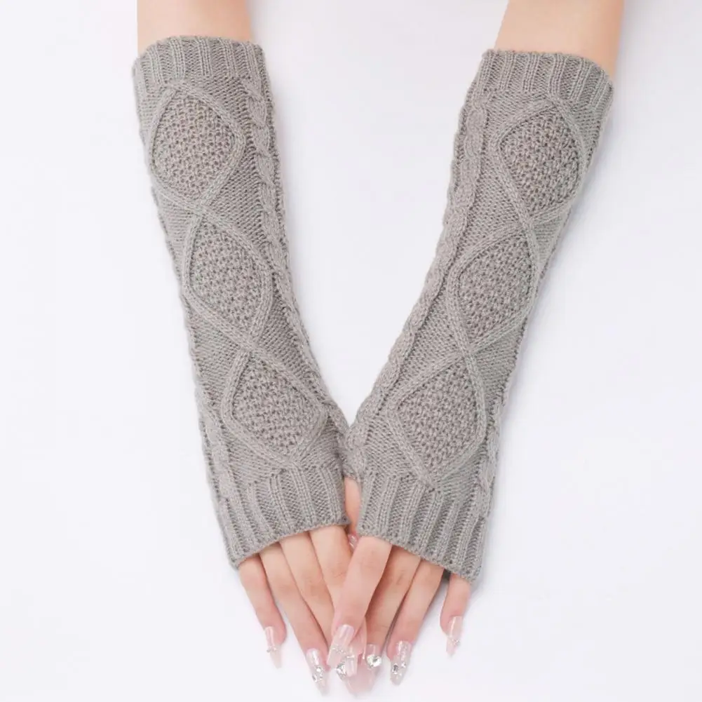 Women Long Fingerless Gloves Winter Arm Gloves Thumb Hole Elbow Length Arm Sleeves Solid Knitted Half Finger Gloves Arm Warmer