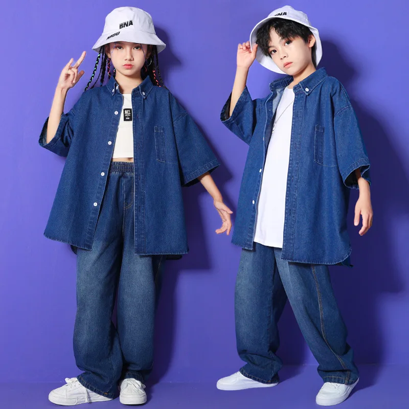 Kid Hip Hop Clothing Denim Blue Shirt Short Sleeve Jacket Streetwear Jeans Baggy Pants for Girl Boy Jazz Dance Costume Clothes