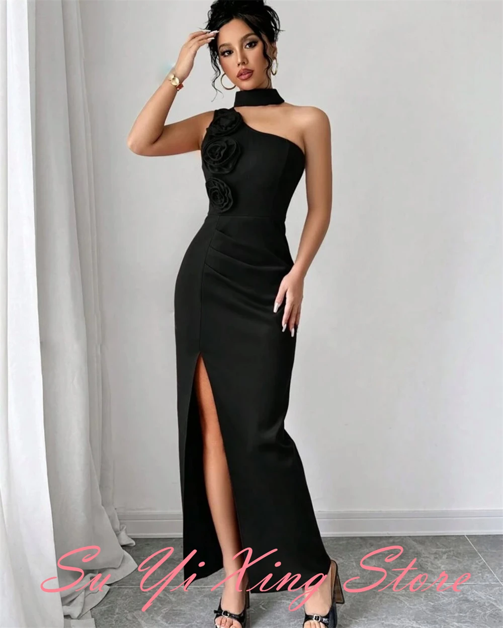 Customized  Graceful One Shoulder Evening Dress Exquisite Flowers Celebrity Gowns Fashion  Sheath Side Slit  Party Dres