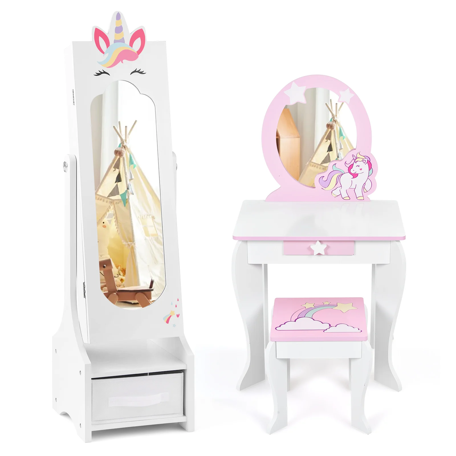 Kids Vanity Set Princess Makeup Dressing Table and Chair Set w/ Jewelry Armoire