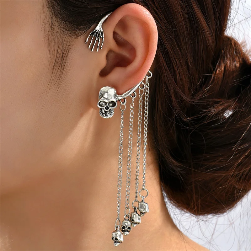 1 Pc Punk Gothic Skull Ear Clips For Women Skeleton Head Long Tassel No Piercing Fake Cartilage Ear Bone Clip Halloween Jewelry