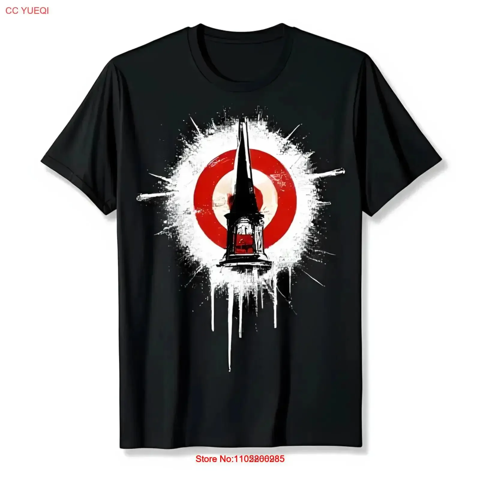 Unique Black T Shirt with Steeple Red Target Design White Splatter Art vintage Washed Comfortable Stylish fashion