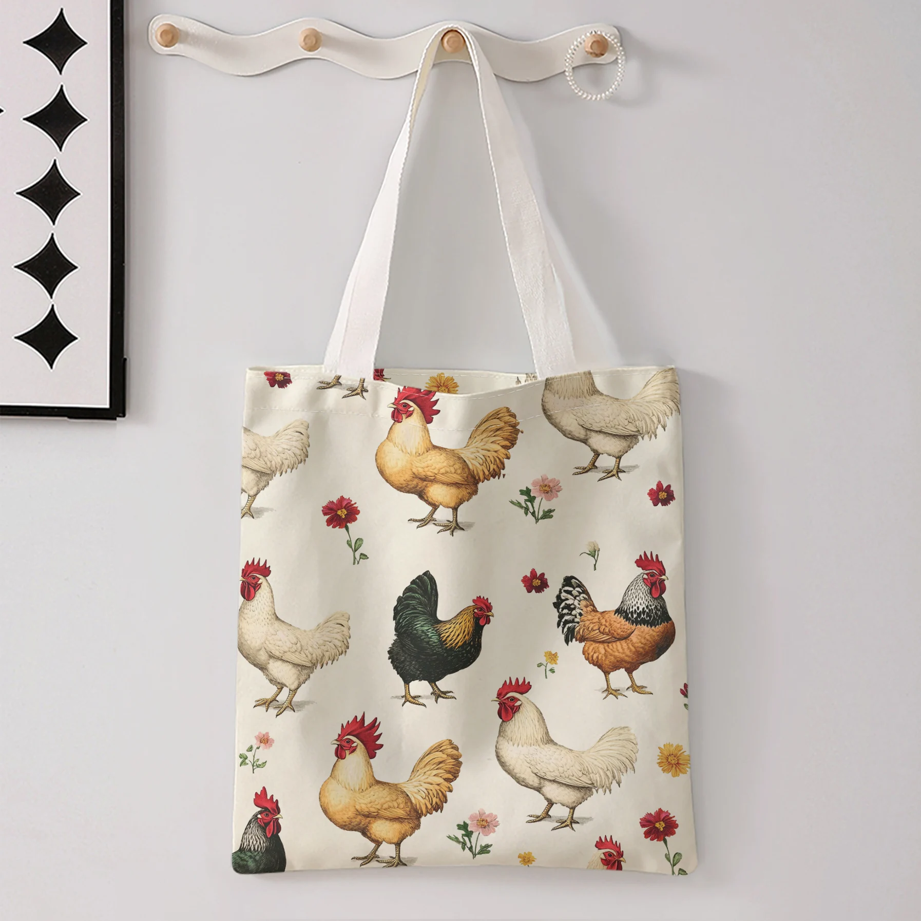 Vintage Rooster Hen Floral Print Tote Bag Large Capacity Shoulder Handbag For Shopping Travel Daily Commute