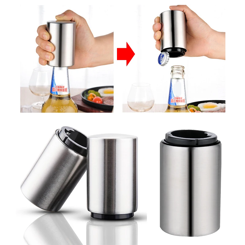 Top Press Bottle Beer Opener Press Automatic No Trace Soda Wine Bottle Opener Stainless Magnet Beer Opener Kitchen Tool