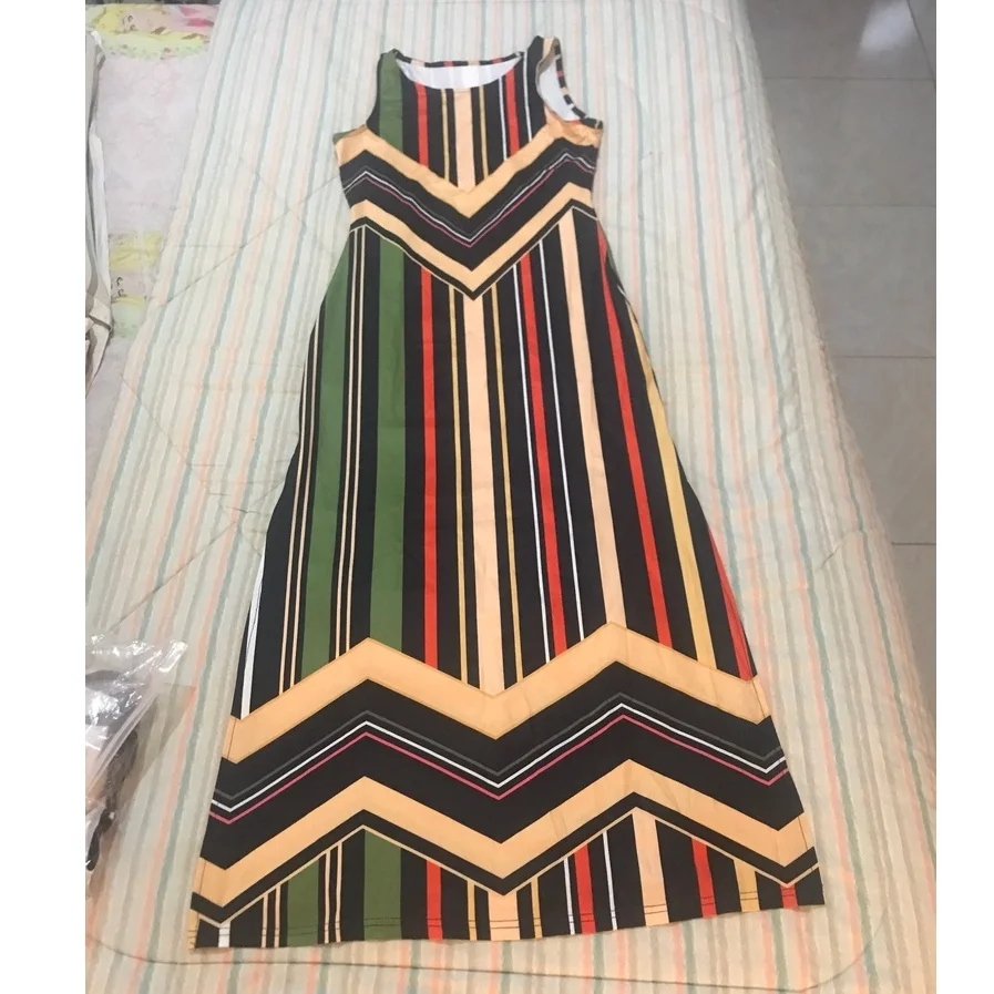 Fashion Geometric Striped Colorful Side Print Slit Sexy Maxi Dress Female Colorblock Sleeveless Long Dresses Slim