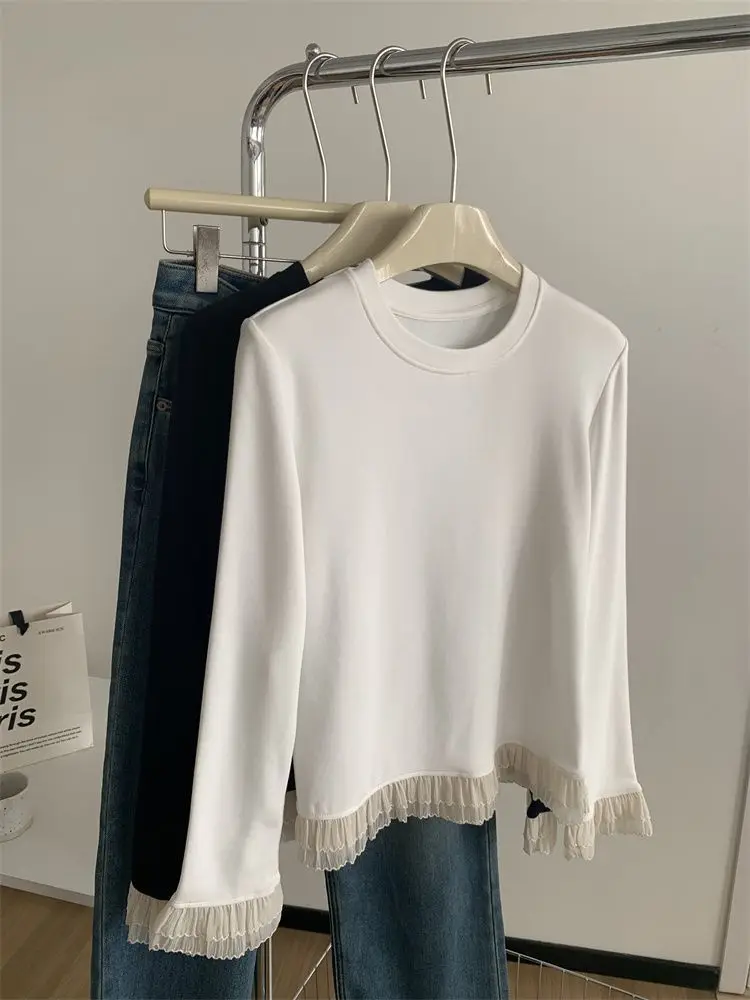 Y2K الدانتيل التي شيرت المرأة الرجعية المرقعة كم طويل الرقبة المستديرة نحى قاعدة ملابس خارجية أوائل الربيع