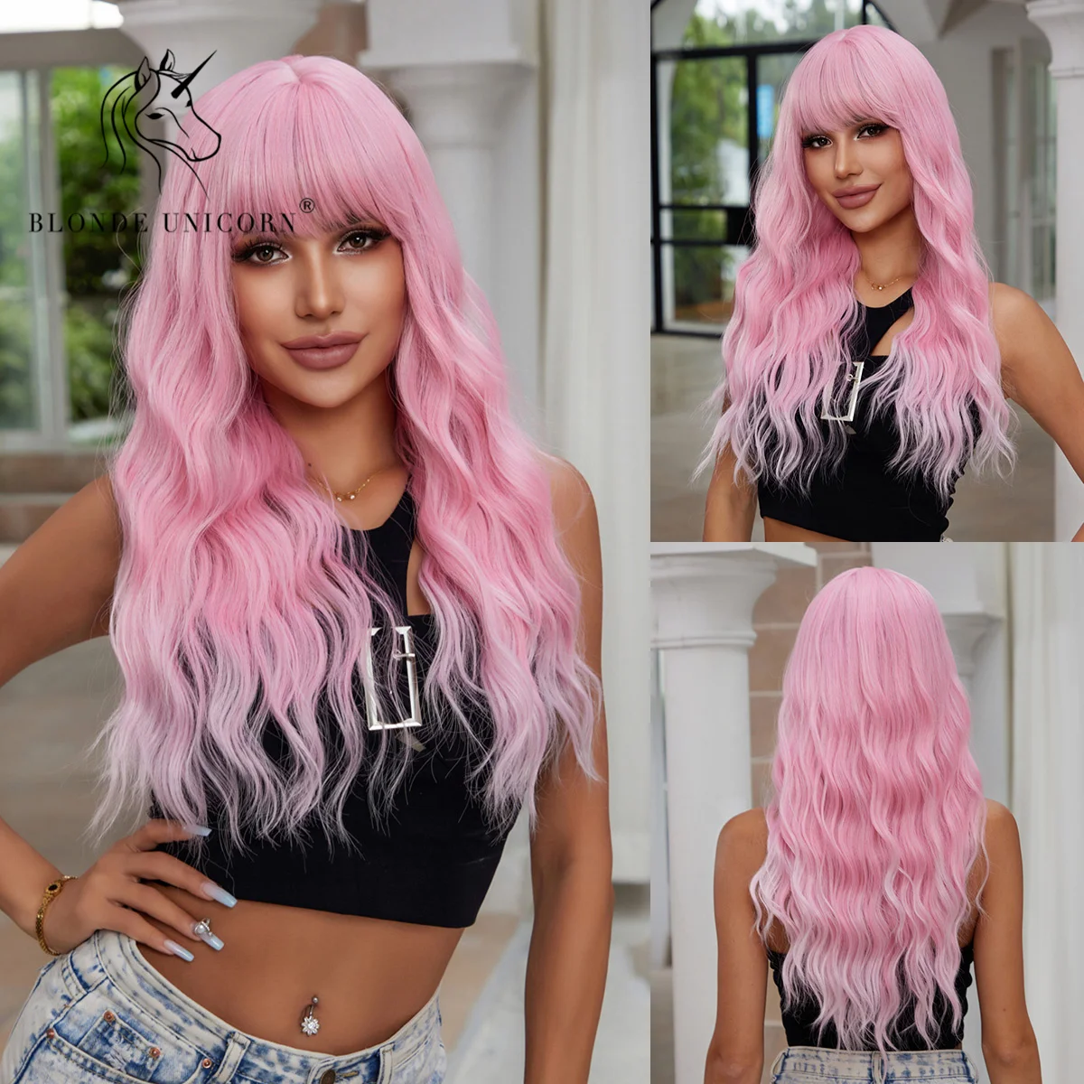 

Blonde Unicorn Synthetic Barbie Pink Wig Long Wavy Wigs with Bangs Lolita Cosplay Party Use Heat Resistant Fiber for Women