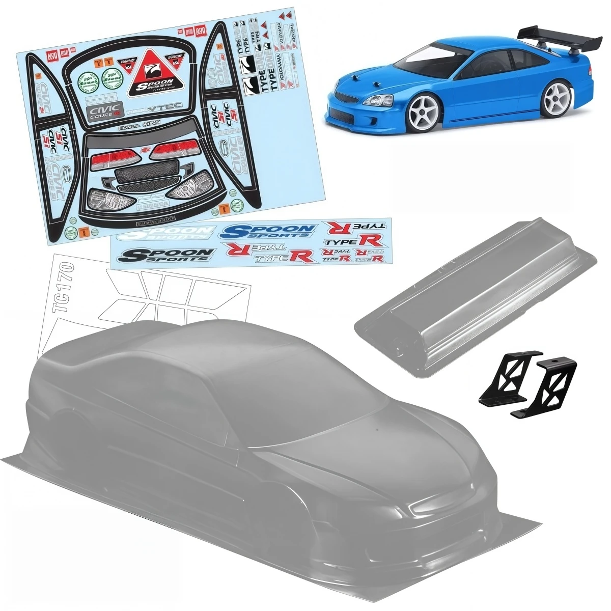 TC317 1/10 Civic SI Clear PC Body Shell 190mm Width 257mm Wheelbase RC Touring Drift Car Body with Rear Wing and Decals
