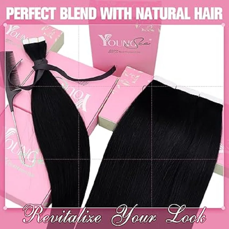 YoungSee Tape in Hair Extensions Real Human Hair Pure Color Natural Straight Hair For Woman 12-24inch