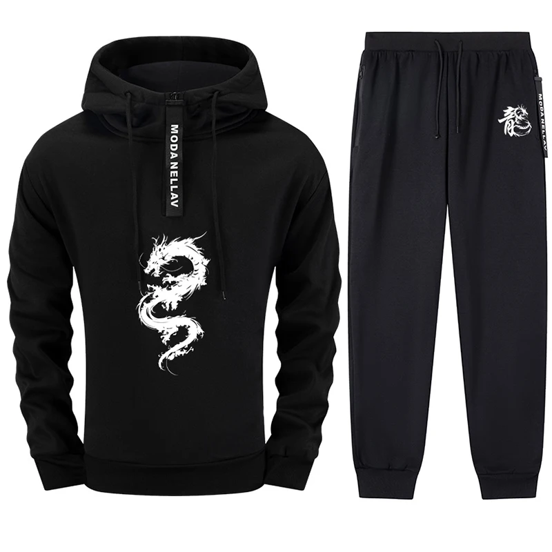 Chinese Dragon Print Hoodie and Sweatpants Men's Tracksuit High Quality Zip-up Sweatshirt Jogger Pants Casual Sporty Jogging Set