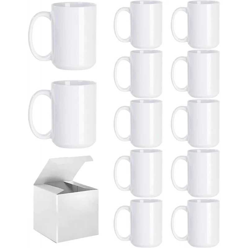 

12-Pack 15oz White Sublimation Coffee Mugs with Box - Tazas Para Sublimacion for Coffee, Tea, Latte, Soup