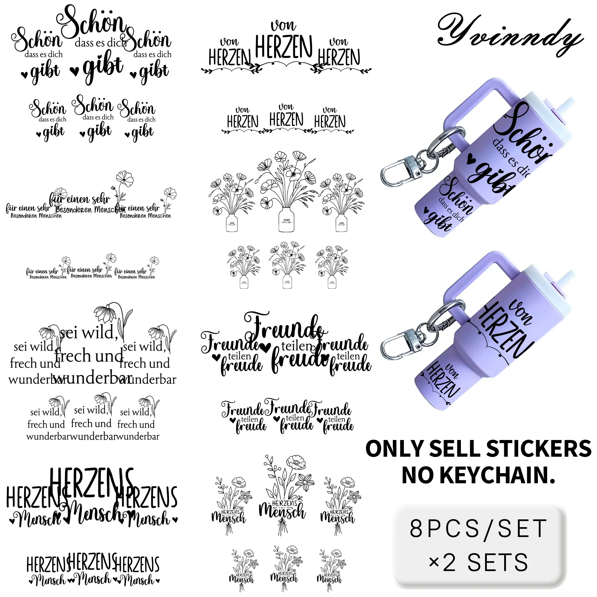 

Набор из 8 наклеек-брелоков с цитатами о дружбе на немецком языке, УФ-печать, водонепроницаемые, долговечные, для самостоятельного изготовления, подходят для брелоков MINI Cup