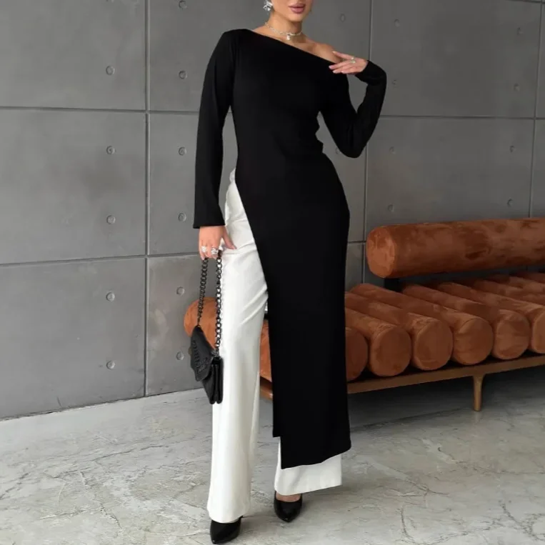 Vestido Longo Preto com Fenda e Cintura Alta para Mulheres, Vestido Assimétrico Slim Sexy, Novo Vestido Maxi para Festas e Moda de Rua