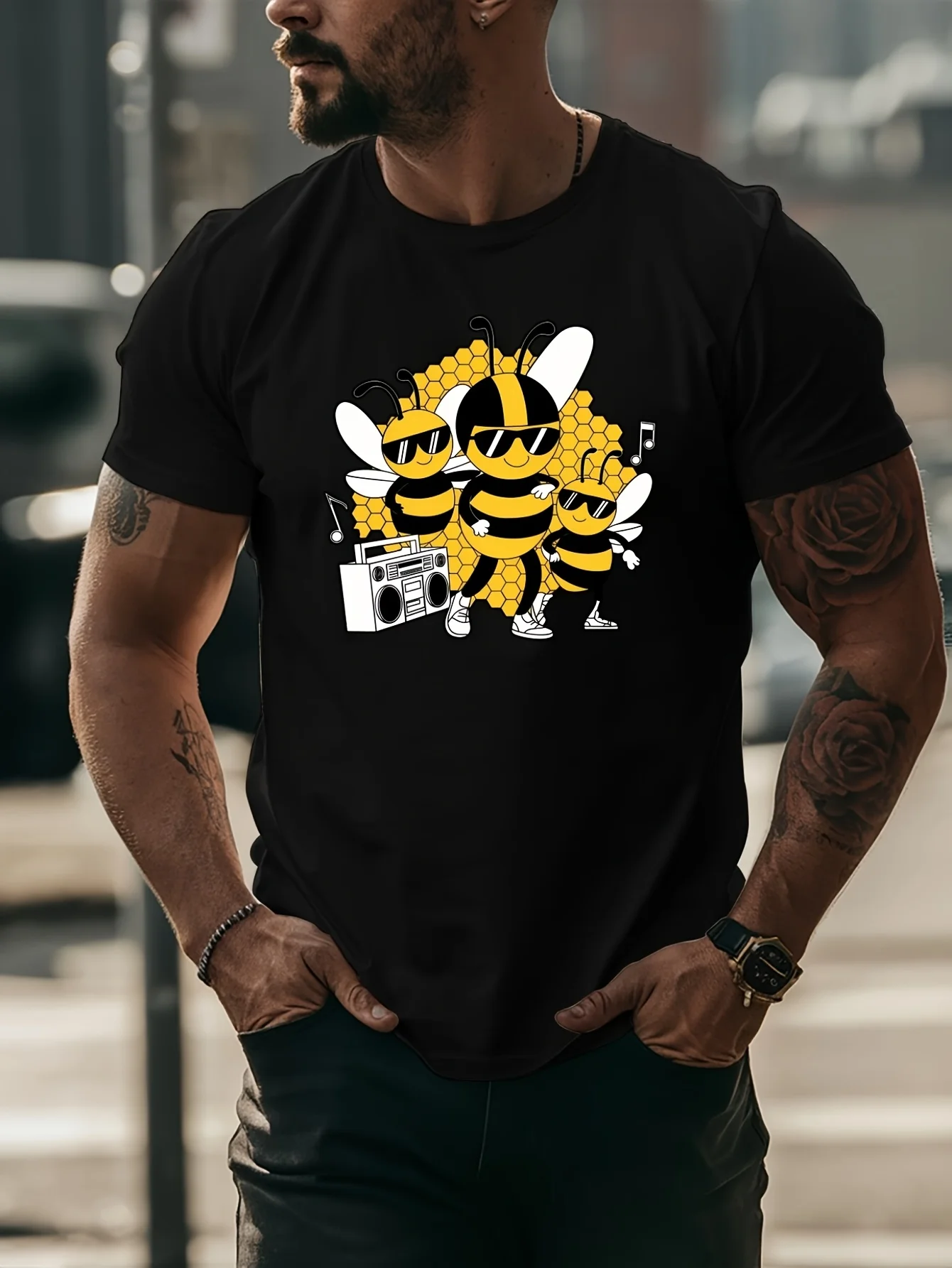 Cartoon Music Bee Print Mens T Shirt Cool Dancing Bees Boombox Art Short Sleeve Crew Neck Cotton Tee Street Casual Daily Top