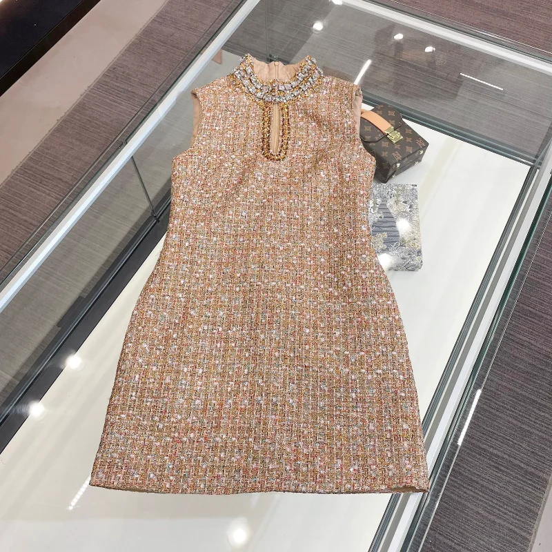 

High Quality Small Fragrance Nail Drill Dress Spring New Plaid Luxury Slim Sweet Sexy Party French Sleeveless Women Tweed Dress