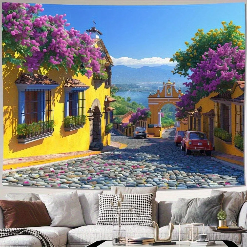 1pc Mediterranean Tapestry Colorful Street Wall Mural European Town Living Room Home Decor Back-to-school season Autumn gifts