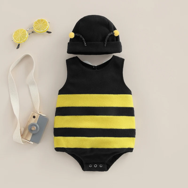 Infant Baby Outfits Girl Boy Cartoon Bees Romper Baby Halloween Costumes Fall Clothes with Hat