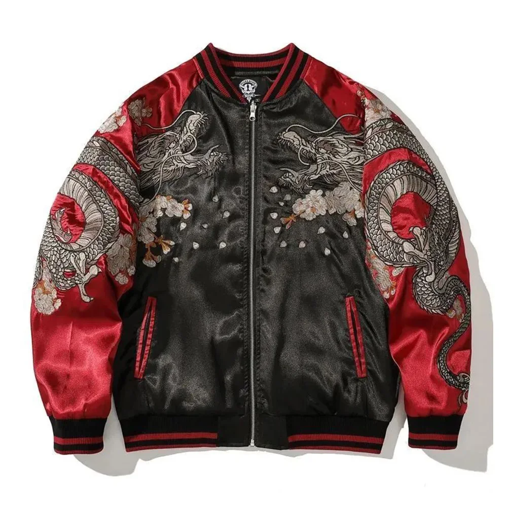 Men\'s Jackets Retro Chinese Dragon Embroidered Trendy Baseball Jacket Contrast Bomber Streetwear Loose Fit Jacket Men\'s Clothing