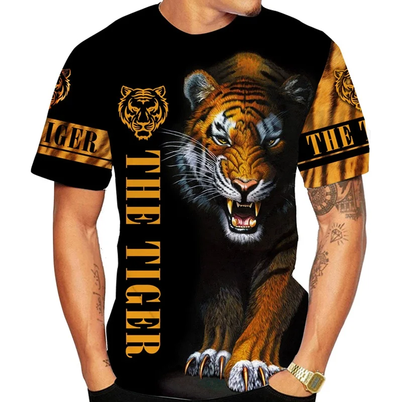 2024 Fashion King Tiger Print Men's T-shirt Daily Outdoor Street Trend Short Sleeved Top