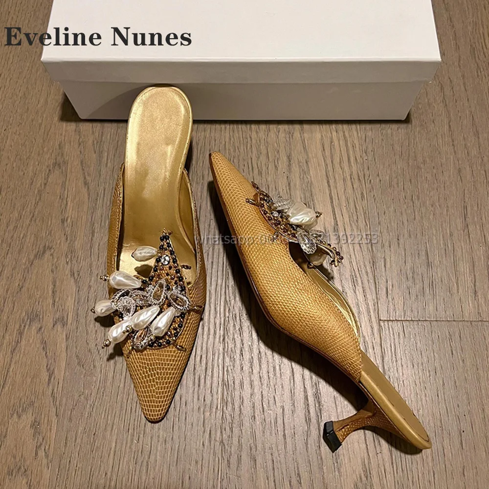 

Pearl Gemstone Shallow Golden Mules Pointed Toe Thin Heels String Bead Side Air Slingback Slides Sexy Luxury Elegant Shoes 2024