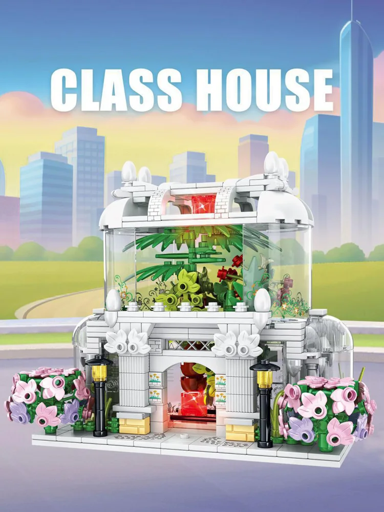 Cidade vista de rua arquitetura flor casa loja bloco de construção streetscape florista modelo tijolo brinquedos de construção com luz