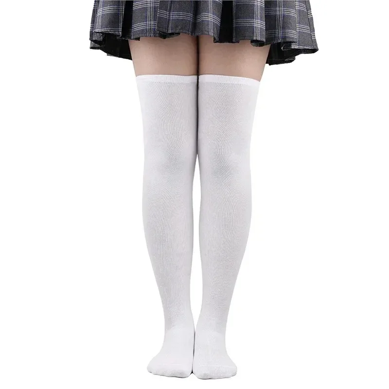Calcetines largos de tubo para niñas, calcetines largos de Color sólido blanco y negro, calcetines sexis por encima de la rodilla hasta el muslo, medias por encima de la rodilla