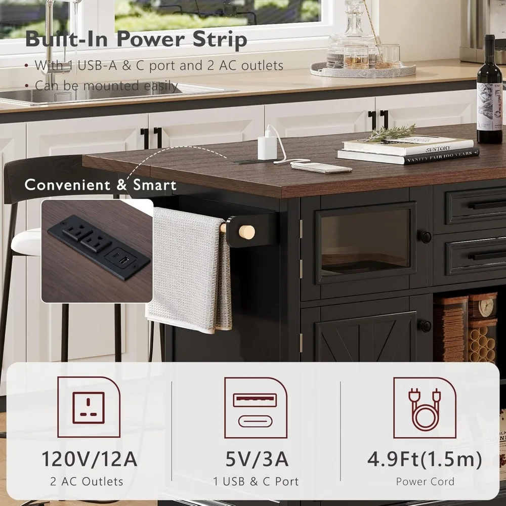 عربة جزيرة المطبخ المتدحرجة مع أوراق متدلية ومخرج طاقة وتخزين باب الحظيرة، بعرض 54.9 #3