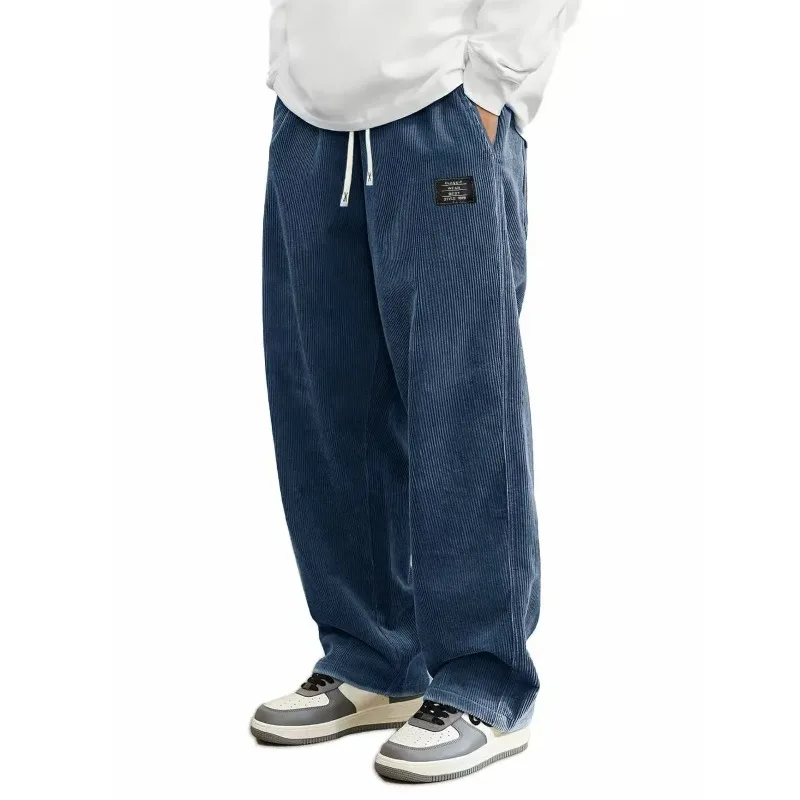 Men'S Corduroy Straight Leg Pants with Drawstring Waist, Pockets, and Logo Design - Stretchy, Casual Fit for Everyday Wear