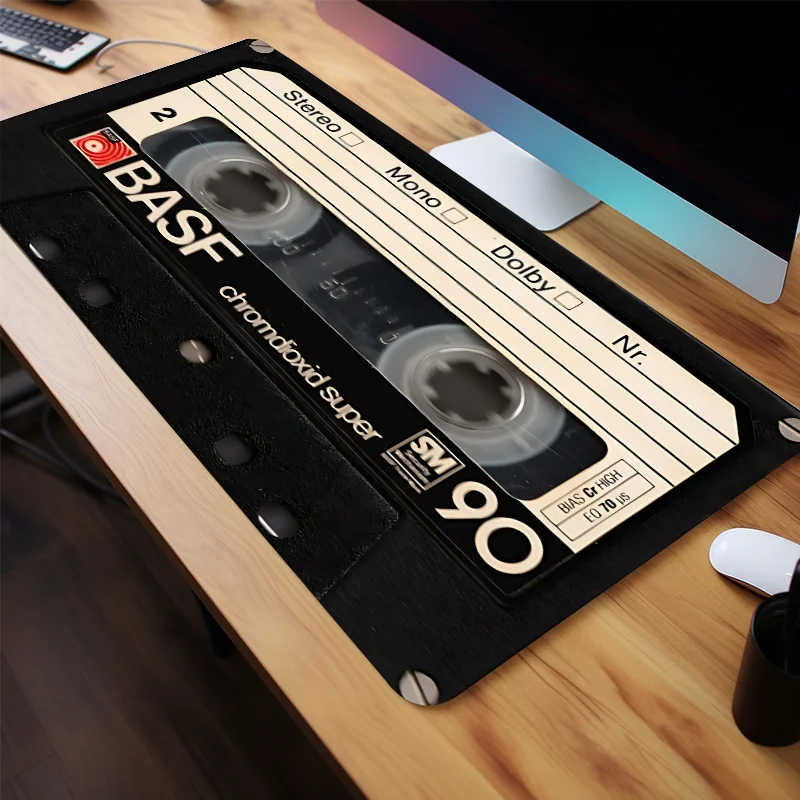 Tappetino per mouse con cassetta vintage Tappetino per mouse con design a cassetta Accessori da scrivania per ufficio Bordo cucito in gomma naturale Regalo per uomo