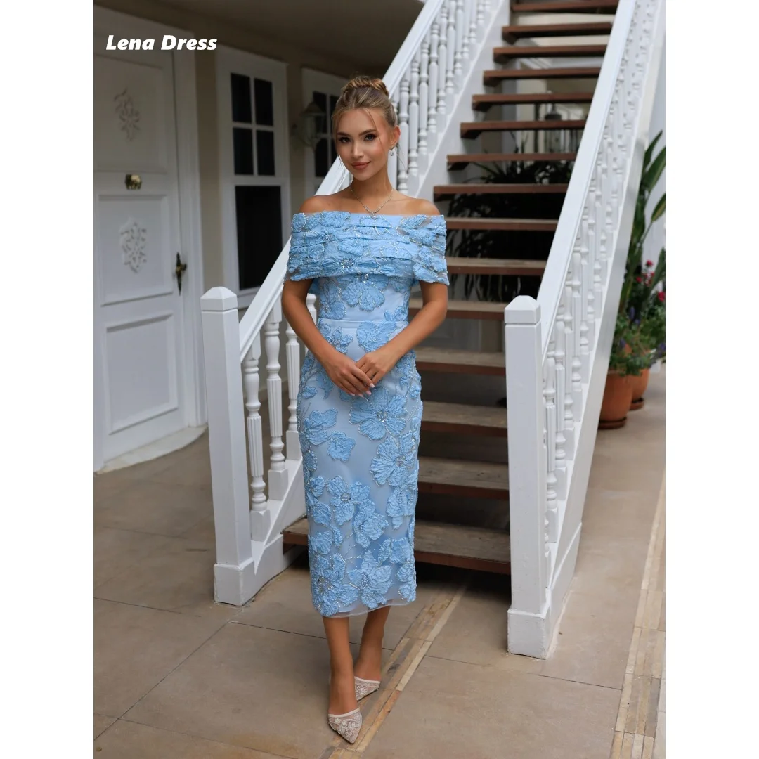 

Lena Robe Soiree Sky Blue Wedding Evening Dress Woman Off the Shoulders Fish Tail Ball Gown Dress Custom Made Flowers Dresses